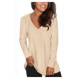 Long Sleeve T Shirts for Women V Neck Fashion Tee Shirts Lightweight Tops for Layering Beige M