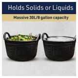 Large Bucket with Handles - 30L/8-Gal Natural Rubber Bucket - Multi Use Yard Waste Bin, Harvesting Basket for Gardening, by Kings County Tools (Black)