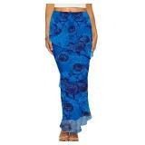 Women's High Waist Long Skirt Mesh Floral Print, Size: Medium