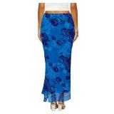 Women's High Waist Long Skirt Mesh Floral Print, Size: Medium