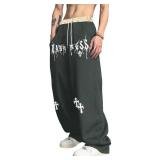 Mens Y2K Cross Letter Graphic Goth Sweat Pants Drawstring Wide Leg, Unisex Streetwear Deep Grey, Size:  L