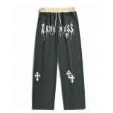 Mens Y2K Cross Letter Graphic Goth Sweat Pants Drawstring Wide Leg, Unisex Streetwear Deep Grey, Size:  L