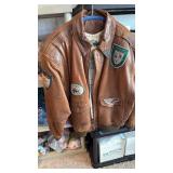 Global Identity (G-III) mens aviator-style brown leather flight jacket with various military-inspired patches size small