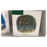 Department 56 Snow Village Uncle Sams Fireworks Stand and fieldstone wall with apple tree
