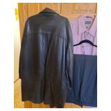 Mens Bostonian leather coat XLT, dress shirt 18/36, slacks 36/32
