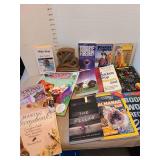 Books, including Old Yeller, scrapbooking, mosaic stickers, and a bookend