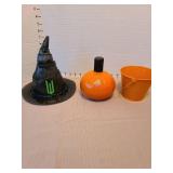 Orange pumpkin shape liquor bottle, witch hat sipper cup, tin bucket