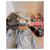 Girls swimsuit, denim shorts, Adidas and Mizuno athletic pants, size 14.