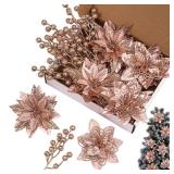 Christmas Poinsettia Flowers Christmas Tree Ornaments,Artificial Christmas Flowers and Artificial Berry Picks for Xmas Holiday Wedding Decor, Rose Gold Christmas Poinsettia Flowers Christmas Tree Ornaments,Artificial Christmas Flowers and Artificial Berry Picks for Xmas Holiday Wedding Decor, Rose Gold