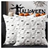 Halloween Pillow Covers 18x18 inch Set of 2 White Ghost Throw Pillow Cases Soft Plush Faux Fur Wool Couch Cushion Case for Chair Sofa Bedroom Living Room Home Decor PTK03A18 - Retail: $15