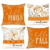 14x14 Fall Pillow Covers Set of 4, Hello Pumpkin Decorative Holiday 14 x 14 Autumn Cushion Covers Thanksgiving Pillow Case for Indoor Home Bedroom Couch Sofa Decor Orange