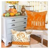 14x14 Fall Pillow Covers Set of 4, Hello Pumpkin Decorative Holiday 14 x 14 Autumn Cushion Covers Thanksgiving Pillow Case for Indoor Home Bedroom Couch Sofa Decor Orange