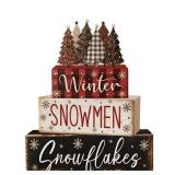 4 Pcs Christmas Decorations Indoor - Wooden Christmas Tree Table Decoration for Home - Holiday Centerpiece For Table - Winter Tiered Tray Decor Rustic Farmhouse Xmas Gift for Home Kitchen Mantel - Ret