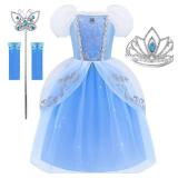 Princess Dress for Girls Puff Sleeves Princess Costume Blue Fancy Dress Up for Halloween Cosplay Party Carnival - Retail: $25