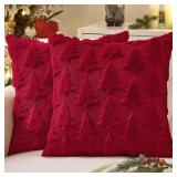 Christmas Throw Pillow Covers Burgundy Red Christmas Decorations Set of 2 Xmas Tree 20x20 Pillow Covers Soft Plush Faux Wool Pillowcases Holiday Festivals Winter Home Decor Sofa Couch Bed Porch - Reta