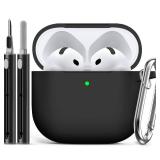 AirPods 4 Case with Cleaner Kit, Soft Silicone Protective Cover for Apple AirPods 4th Generation Cases for Women Men, AirPod 4 Case Accessories with Keychain-Black - Retail: $7
