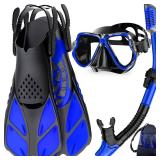 Mask Fins Snorkel Set, Snorkeling Gear for Adults, Panoramic View Snorkel Mask Anti-Fog, Adjustable Dive Flippers, Dry Top Snorkel and Travel Bag, Scuba Gear for Swimming Snorkeling Diving - Retail: $