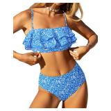 Layered Ruffle Bikini for Women High Waisted Bikini Sets Spaghetti Bandeau Swimsuits Padded Bathing Suit Blue Floral, M
