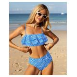Layered Ruffle Bikini for Women High Waisted Bikini Sets Spaghetti Bandeau Swimsuits Padded Bathing Suit Blue Floral, M