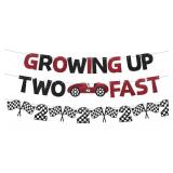 Glitter Growing Up Two Fast Banner for 2nd Birthday Party Decorations Black Red Race Car Banner for Boys Two Birthday Backdrop Decor Photo Props Cheers to 2 Years Car Themed 2nd Bday Party Supplies - 