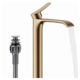 Tall Waterfall Bathroom Faucet for Vessel Sink, Modern Single Handle 1 Hole Deck Mount for Tall Bathroom Tops, Pop-Up Drain Stopper & Hot/Cold Supply Hoses, Vessel Sink Faucets Brushed Gold