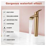 Tall Waterfall Bathroom Faucet for Vessel Sink, Modern Single Handle 1 Hole Deck Mount for Tall Bathroom Tops, Pop-Up Drain Stopper & Hot/Cold Supply Hoses, Vessel Sink Faucets Brushed Gold