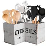 Extra Large Kitchen Utensils Holder with 3 Compartments, Corner Shelf, Wooden Utensil Organizer for Kitchen Countertop, Farmhouse Decor, Rustic Cooking Utensil - White grain - Retail: $32