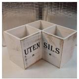 Extra Large Kitchen Utensils Holder with 3 Compartments, Corner Shelf, Wooden Utensil Organizer for Kitchen Countertop, Farmhouse Decor, Rustic Cooking Utensil - White grain - Retail: $32