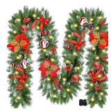 Christmas Garland with Lights, 9FT 30 LED Prelit Christmas Garland for Mantle, Outdoor Indoor Christmas Decorations Garland Battery Operated with Timer, Bows, Flowers for Stairs, Railing, Fireplace, D