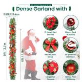 Christmas Garland with Lights, 9FT 30 LED Prelit Christmas Garland for Mantle, Outdoor Indoor Christmas Decorations Garland Battery Operated with Timer, Bows, Flowers for Stairs, Railing, Fireplace, D