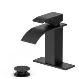 Bathroom Faucet Matte Black Modern Waterfall Bathroom Sink Faucet with Single Handle Suitable for 1 or 3 Holes, Supply Deck Plate and Hose - Retail: $29