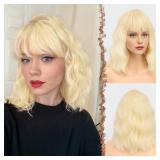 FESHFEN Bob Wig with Bangs, Shoulder Length Wavy Synthetic Light Blonde Short Hair Wig for Women Party Daily, 14 inch, Green FESHFEN Bob Wig with Bangs, Shoulder Length Wavy Synthetic Light Blonde Short Hair Wig for Women Party Daily, 14 inch, Green