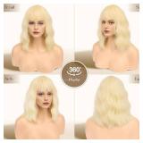 FESHFEN Bob Wig with Bangs, Shoulder Length Wavy Synthetic Light Blonde Short Hair Wig for Women Party Daily, 14 inch, Green FESHFEN Bob Wig with Bangs, Shoulder Length Wavy Synthetic Light Blonde Short Hair Wig for Women Party Daily, 14 inch, Green