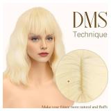 FESHFEN Bob Wig with Bangs, Shoulder Length Wavy Synthetic Light Blonde Short Hair Wig for Women Party Daily, 14 inch, Green FESHFEN Bob Wig with Bangs, Shoulder Length Wavy Synthetic Light Blonde Short Hair Wig for Women Party Daily, 14 inch, Green