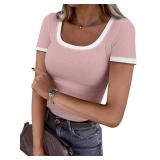 Darong Women Summer U Neck Short Sleeve Color Block Shirts Slim Fit Ribbed Knit Basic Tee Tops 9059 Light Pink XS Darong Women Summer U Neck Short Sleeve Color Block Shirts Slim Fit Ribbed Knit Basic Tee Tops 9059 Light Pink XS