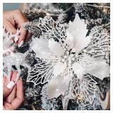 Poinsettia Christmas Decorations Flowers -12Pcs Artificial Poinsettia Christmas Tree Ornaments Glitter for Xmas New Year Wedding Party Wreath DIY Garland Decor (White) Poinsettia Christmas Decorations Flowers -12Pcs Artificial Poinsettia Christmas Tree Ornaments Glitter for Xmas New Year Wedding Party Wreath DIY Garland Decor (White)