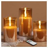 Eywamage Gold Glass Flameless Pillar Candles with Remote, Flickering Christmas LED Candles Battery Operated Set of 3 Eywamage Gold Glass Flameless Pillar Candles with Remote, Flickering Christmas LED Candles Battery Operated Set of 3