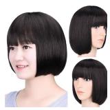 SYXLCYGG Bob Wig Dark Brown Short Wigs With Bangs Flame Retardant 10\' Straight Silky Fluffy Womens Hair Wigs Synthetic Black Girl Daily (Free Wig Cap) SYXLCYGG Bob Wig Dark Brown Short Wigs With Bangs Flame Retardant 10\' Straight Silky Fluffy Womens Hair Wigs Synthetic Black Girl Daily (Free Wig Cap)