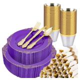 Realluck 350 PCS Purple and Gold Plastic Plates, Plastic Dinnerware Set for 50 Guests, 100 Disposable Plates, 150 Silverwares, 50 Cups, 50 Napkins for Party, Wedding, Graduation Realluck 350 PCS Purple and Gold Plastic Plates, Plastic Dinnerware Set for 50 Guests, 100 Disposable Plates, 150 Silverwares, 50 Cups, 50 Napkins for Party, Wedding, Graduation
