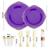 Realluck 350 PCS Purple and Gold Plastic Plates, Plastic Dinnerware Set for 50 Guests, 100 Disposable Plates, 150 Silverwares, 50 Cups, 50 Napkins for Party, Wedding, Graduation Realluck 350 PCS Purple and Gold Plastic Plates, Plastic Dinnerware Set for 50 Guests, 100 Disposable Plates, 150 Silverwares, 50 Cups, 50 Napkins for Party, Wedding, Graduation