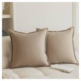 Set of 2 Herringbone Embossed Stripe Flange Throw Pillow Covers for Couch and Bed - 18\'x18\', Khaki-Green