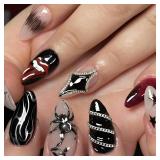 24 Pcs Halloween Press on Nails Full Cover False Nails with Black Spider & Lip Designs Silver Flame Clown Fake Nails Glossy Medium Almond Artificial Acrylic Nail for aWomen DIY Manicure Art