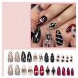 24 Pcs Halloween Press on Nails Full Cover False Nails with Black Spider & Lip Designs Silver Flame Clown Fake Nails Glossy Medium Almond Artificial Acrylic Nail for aWomen DIY Manicure Art