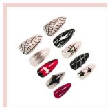 24 Pcs Halloween Press on Nails Full Cover False Nails with Black Spider & Lip Designs Silver Flame Clown Fake Nails Glossy Medium Almond Artificial Acrylic Nail for aWomen DIY Manicure Art