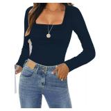 Womens Long Sleeve Shirts 2025 Sexy Ruched Square Neck Tops Trendy Double Lined Fitted Top Blouses Outfits