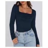 Womens Long Sleeve Shirts 2025 Sexy Ruched Square Neck Tops Trendy Double Lined Fitted Top Blouses Outfits