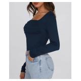 Womens Long Sleeve Shirts 2025 Sexy Ruched Square Neck Tops Trendy Double Lined Fitted Top Blouses Outfits