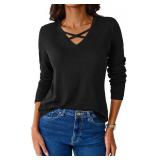 SOFIA'S CHOICE Women V Neck Long Sleeve T Shirts Vneck Plain Soft Summer Tops Black Small