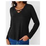 SOFIA'S CHOICE Women V Neck Long Sleeve T Shirts Vneck Plain Soft Summer Tops Black Small