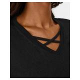 SOFIA'S CHOICE Women V Neck Long Sleeve T Shirts Vneck Plain Soft Summer Tops Black Small